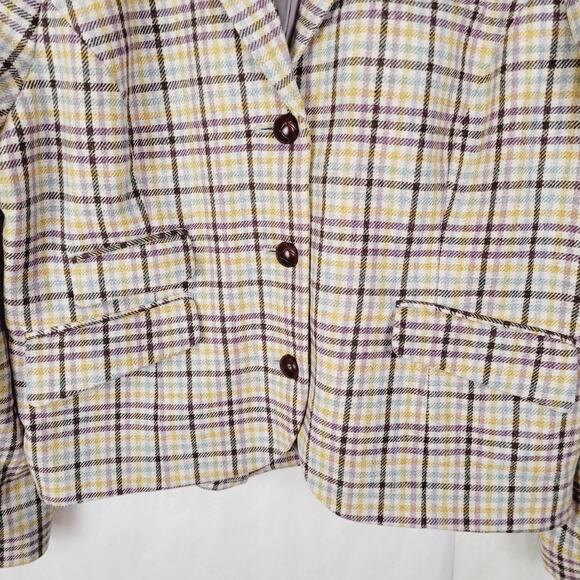 Vintage L.L. Bean wool oatmeal check plaid leather button jacket Size 18 Preppy - Picture 5 of 12